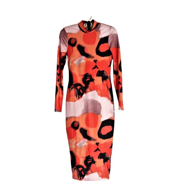 SHEIN SXY Long Bodycon Stretch Dress XS Abstract Halloween Orange Graphic Print - Picture 8 of 9